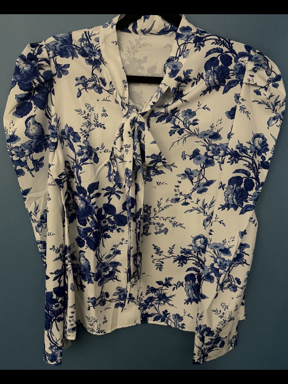 Cream and Blue Floral Tie-Neck Blouse
